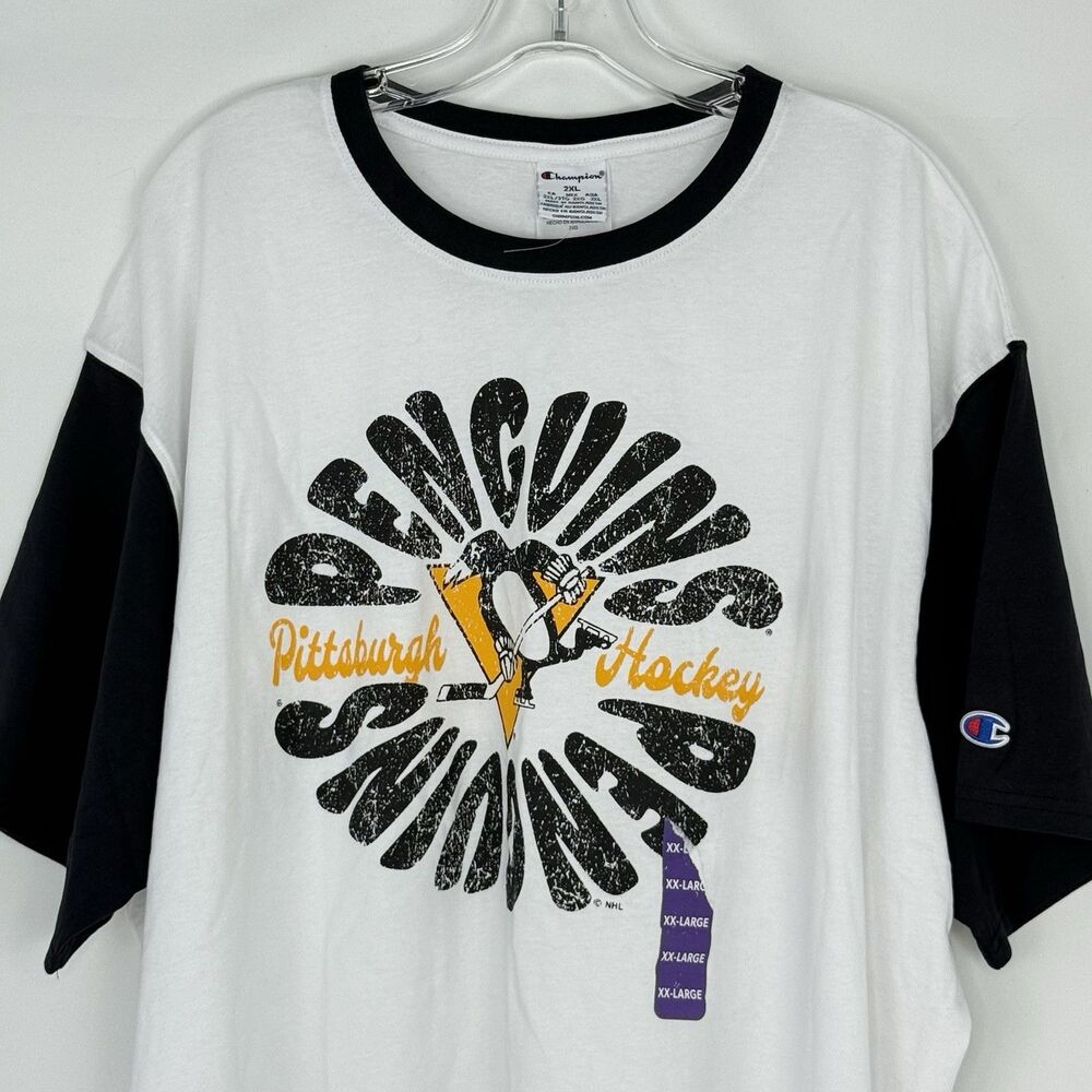Champion Pittsburgh Penguins 2XL Shirt NHL Graphic Ringer Tee Black White NWT